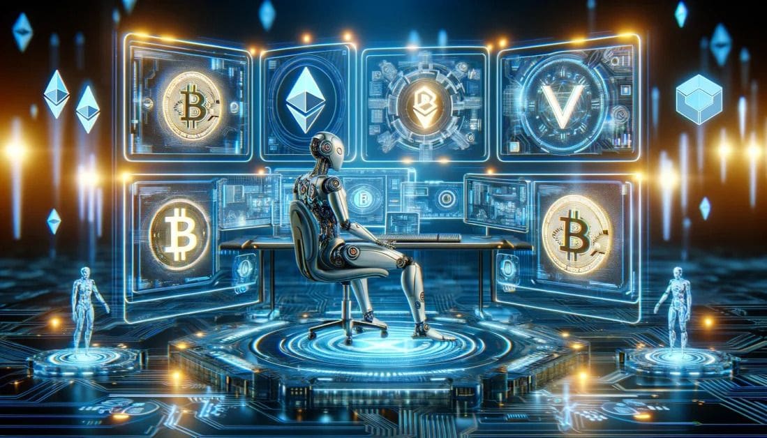 A robot sitting in front of many different cryptocurrencies.