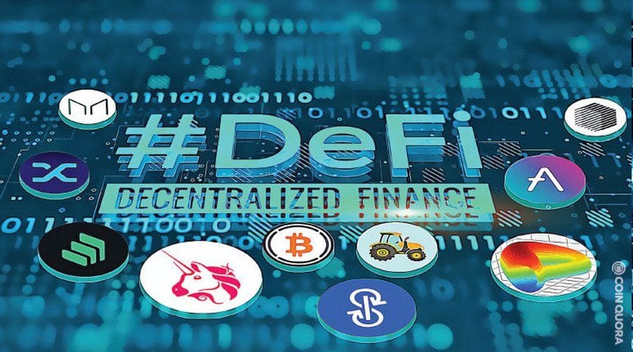 A picture of some cryptocurrency and the words decentralized finance.