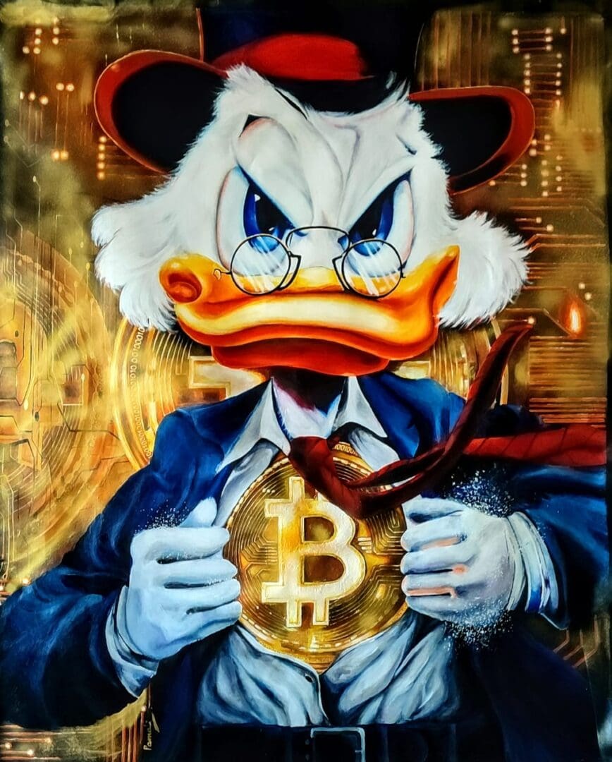 A painting of scrooge mcduck holding a bitcoin.